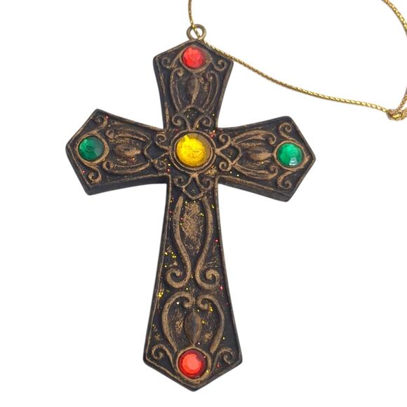 Lot of 3 VTG Antiqued Gold Tone Cross Jeweled Christmas Ornament 3.5" b - Picture 6 of 7